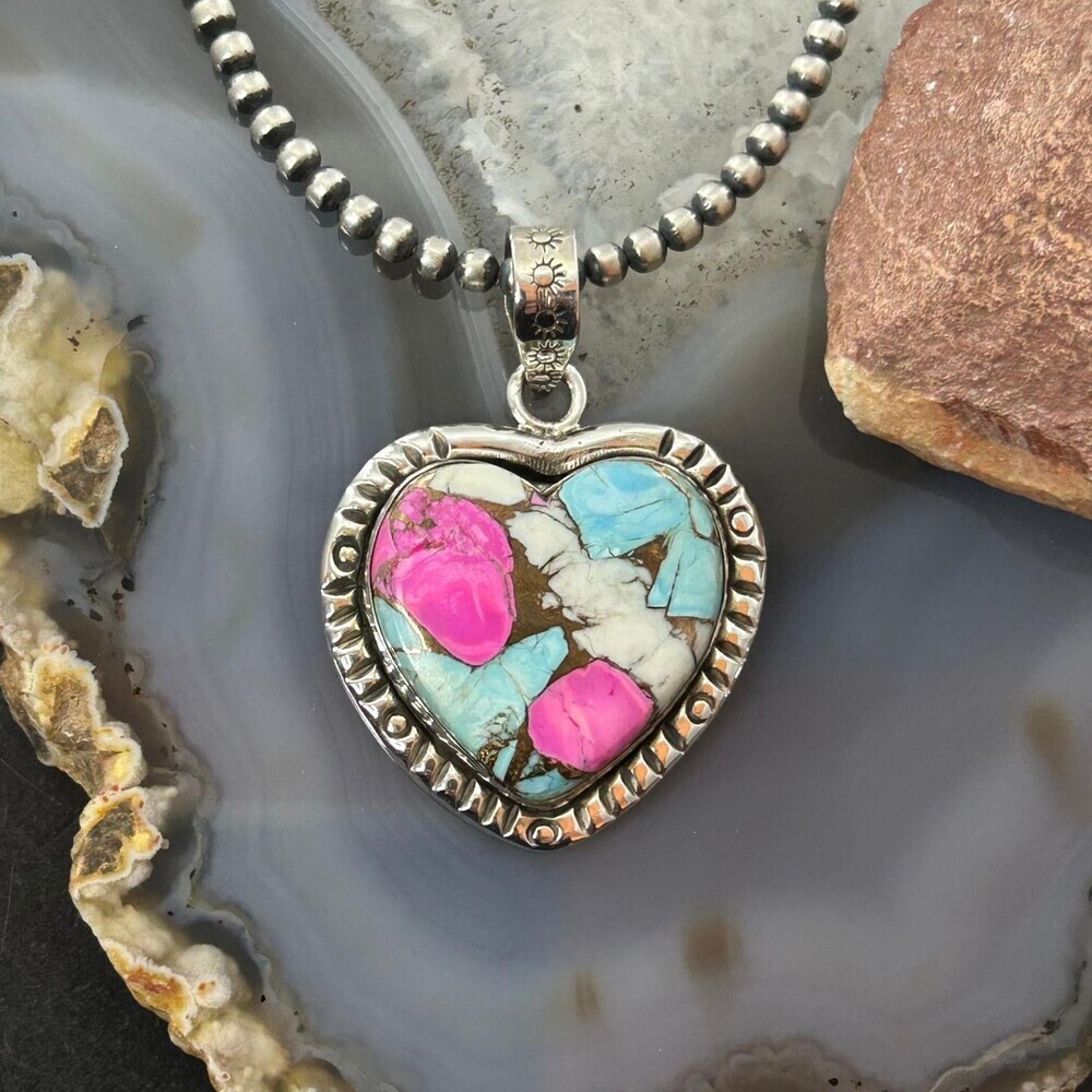Sterling Silver Southwestern Style Cotton Candy Heart Pendant For Women #4 - Picture 2 of 10